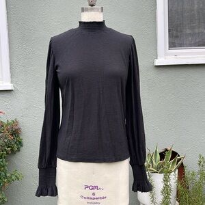 National Black Elastic Mock Neck Top with Ruffled Elastic Cuffs